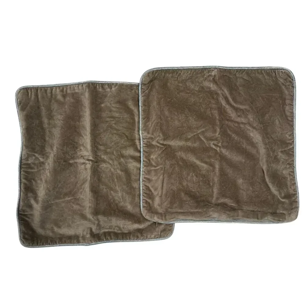 Crate & Barrel Bennet Taupe Velvet Pillow Covers Set 2 18x18 Gray Piped Edge